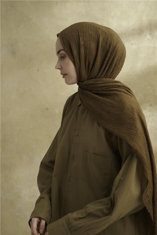 Müslin Yaprak Desen Şal 3351-695 Koyu Yağ Yeşili 