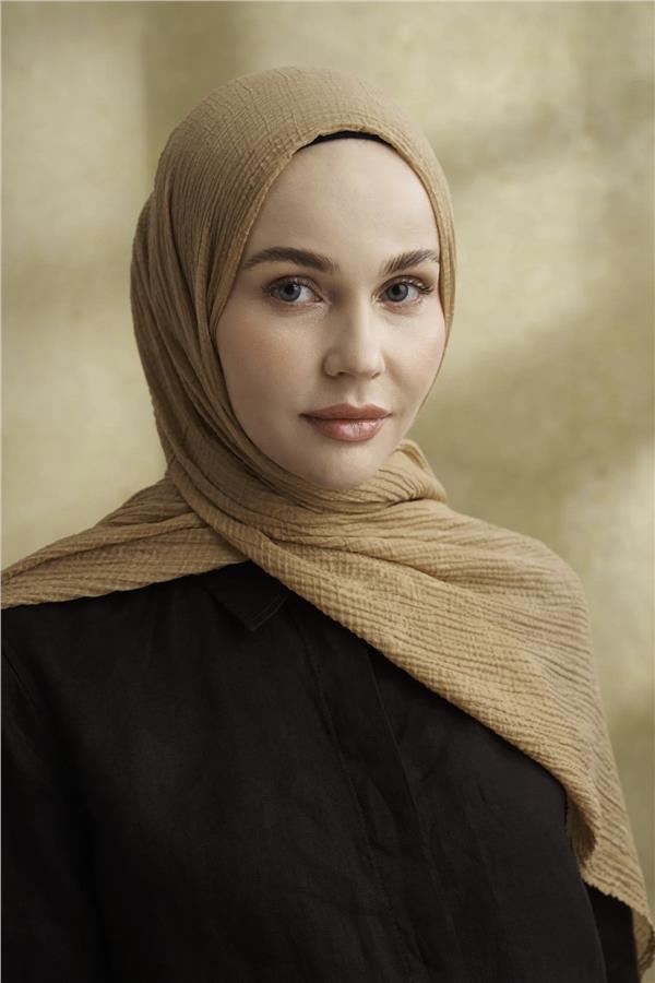 Müslin Yaprak Desen Şal 3351-711 Koyu Bej 