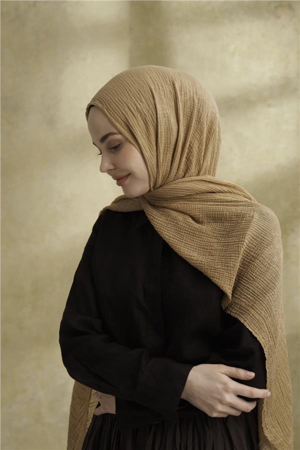 Müslin Yaprak Desen Şal 3351-711 Koyu Bej 
