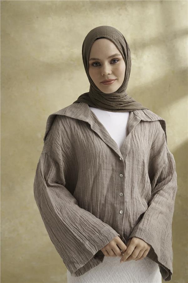 Müslin Yaprak Desen Şal 3351-716 Kül