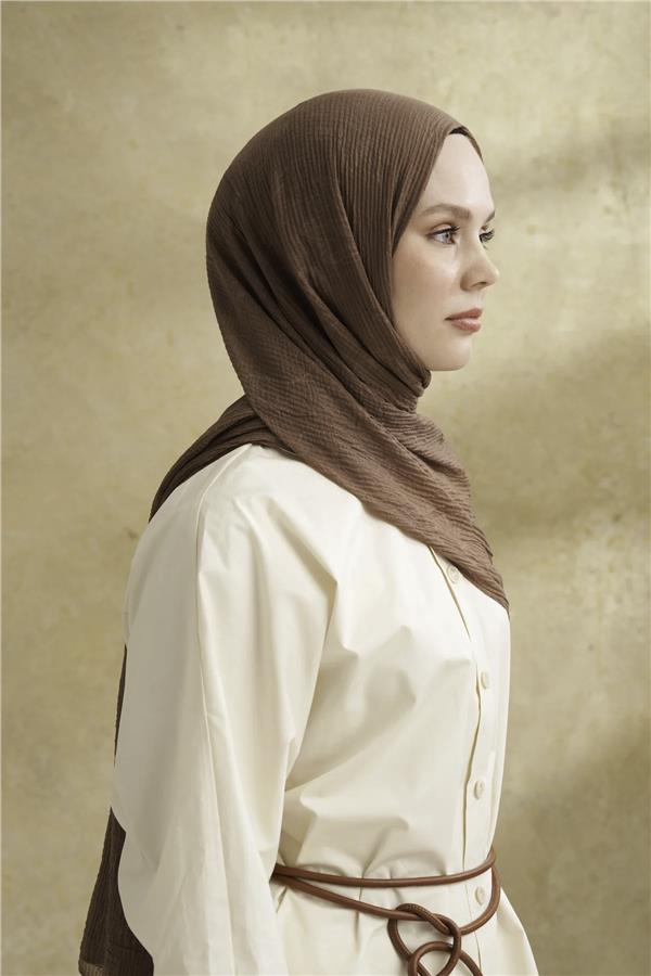 Müslin Yaprak Desen Şal 3351-781 Koyu Vizon 