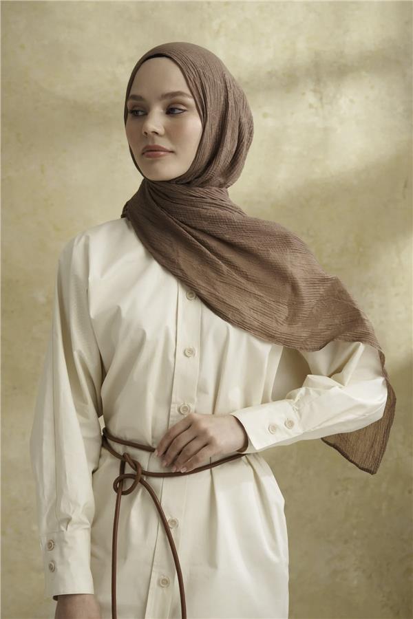 Müslin Yaprak Desen Şal 3351-781 Koyu Vizon 