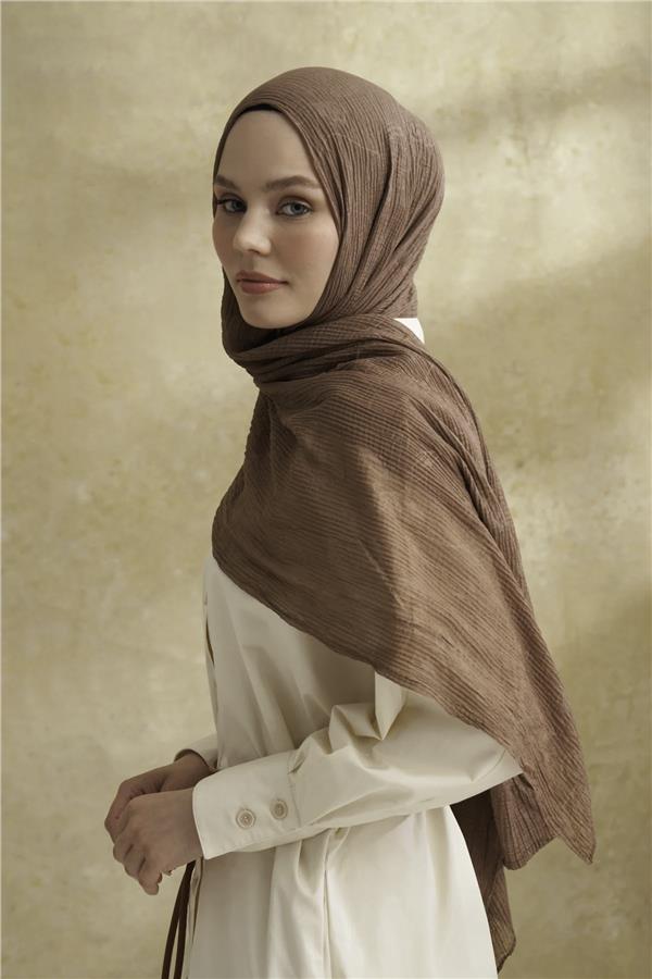 Müslin Yaprak Desen Şal 3351-781 Koyu Vizon 