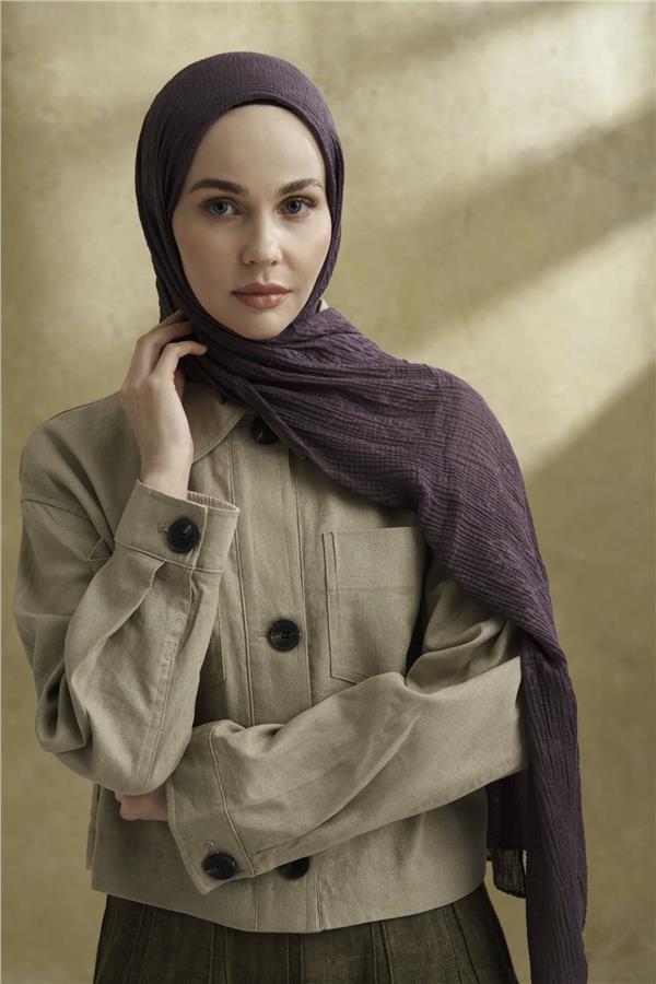 Müslin Yaprak Desen Şal 3351-800 Lavanta