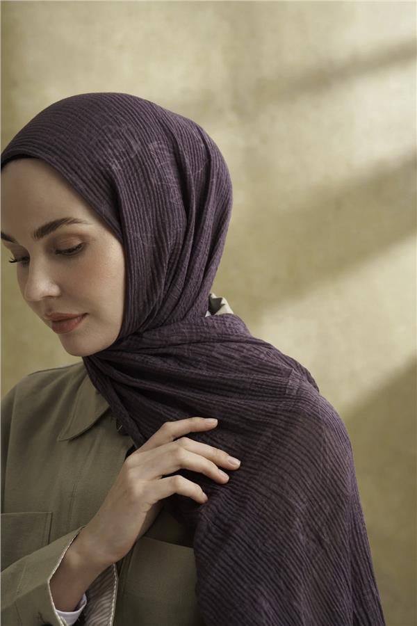 Müslin Yaprak Desen Şal 3351-800 Lavanta