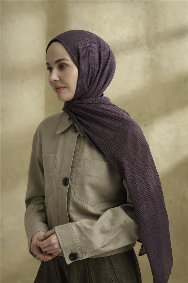 Müslin Yaprak Desen Şal 3351-800 Lavanta