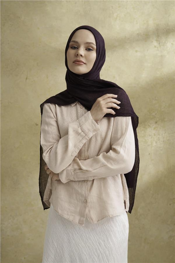 Müslin Yaprak Desen Şal 3351-82 Mürdüm 