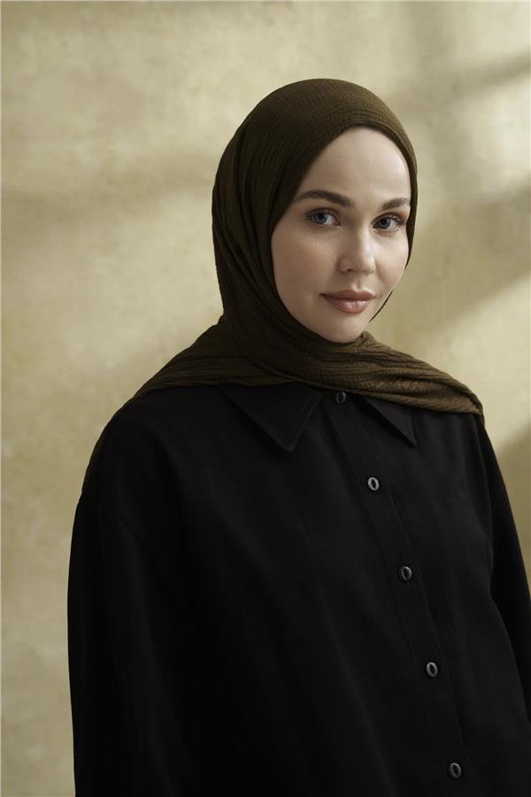 Müslin Yaprak Desen Şal 3351-846 Koyu Haki 