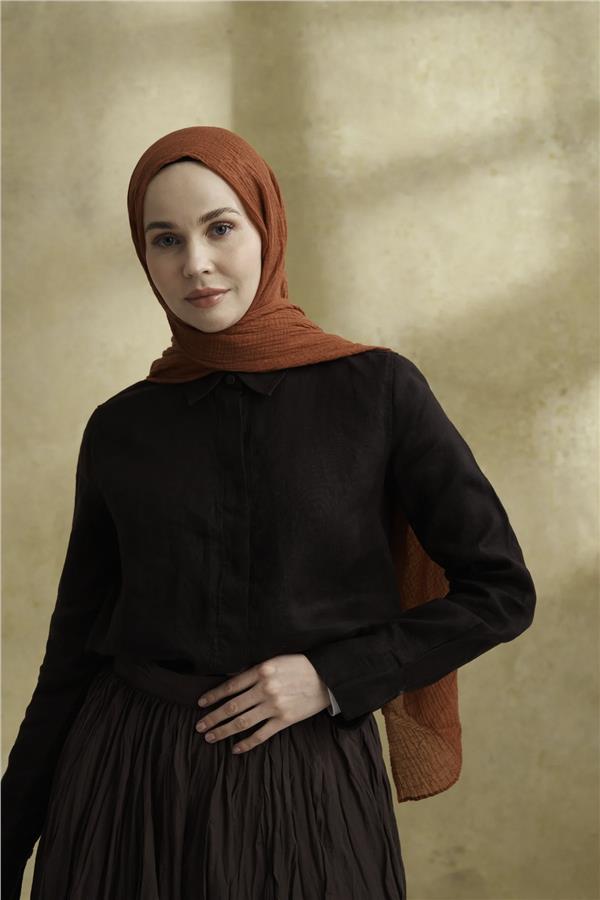 Müslin Yaprak Desen Şal 3351-85 Kiremit 