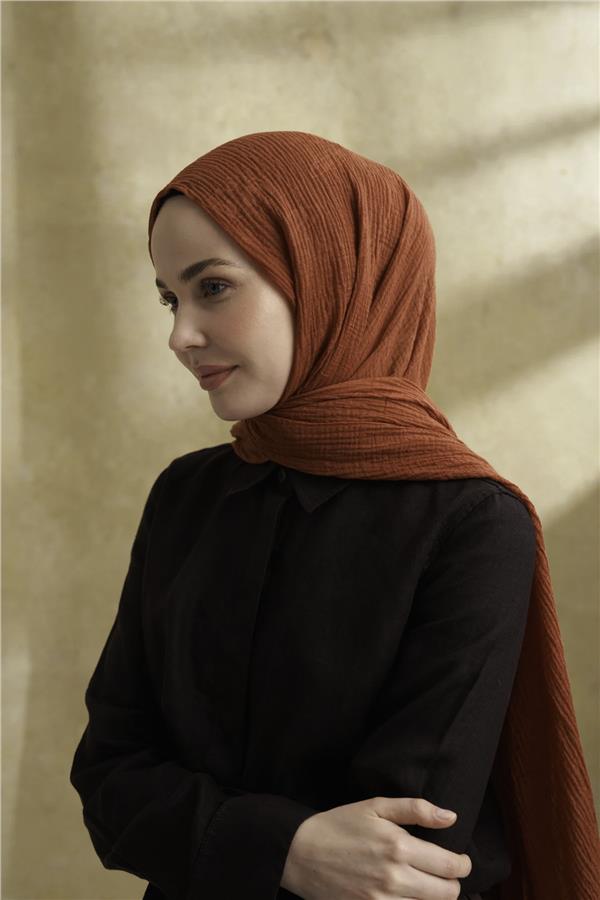 Müslin Yaprak Desen Şal 3351-85 Kiremit 