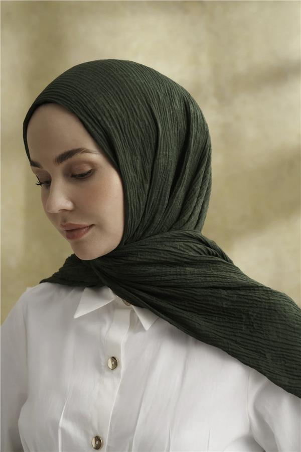 Müslin Yaprak Desenli Şal 3351-1044 Çam Yeşili 