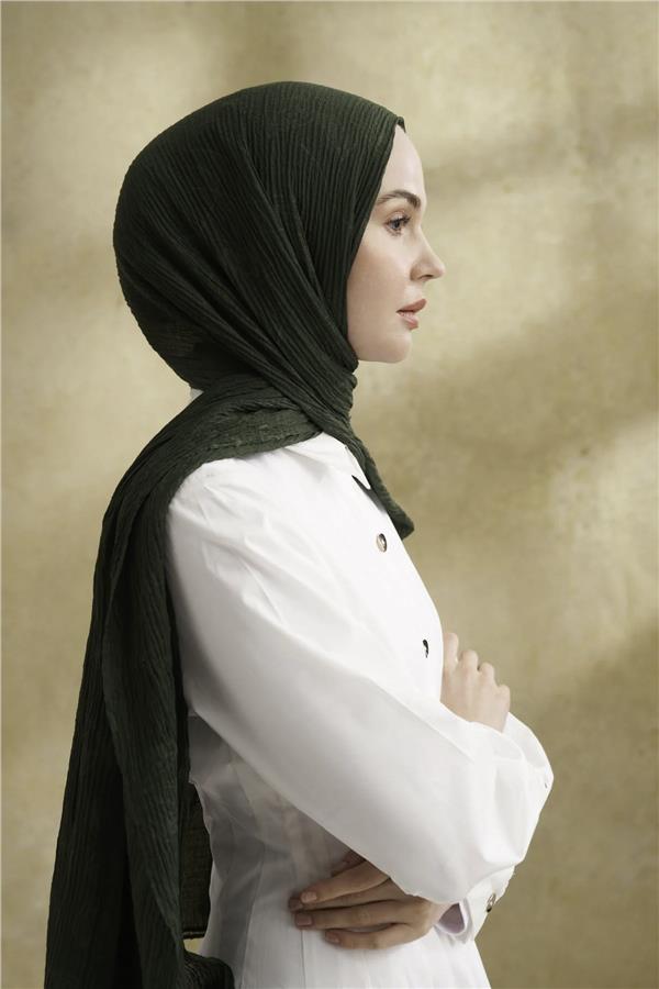 Müslin Yaprak Desenli Şal 3351-1044 Çam Yeşili 