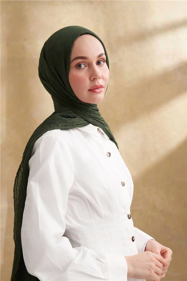 Müslin Yaprak Desenli Şal 3351-1044 Çam Yeşili 