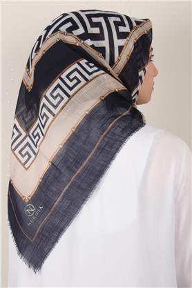 Pamuklu Trend Eşarp 9807-4 Lacivert-Bej