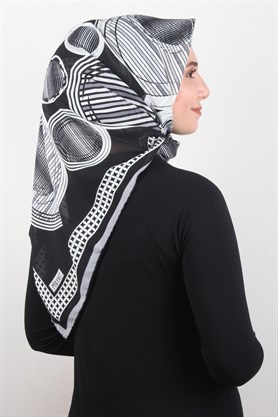 Piramit Krep Eşarp 116-0005-05 Gri-Siyah