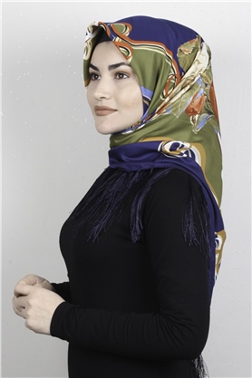 Piramit Püsküllü Eşarp 111-0069 Mavi
