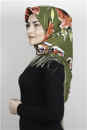 Piramit Püsküllü Eşarp 111-0082 Yağ Yeşili