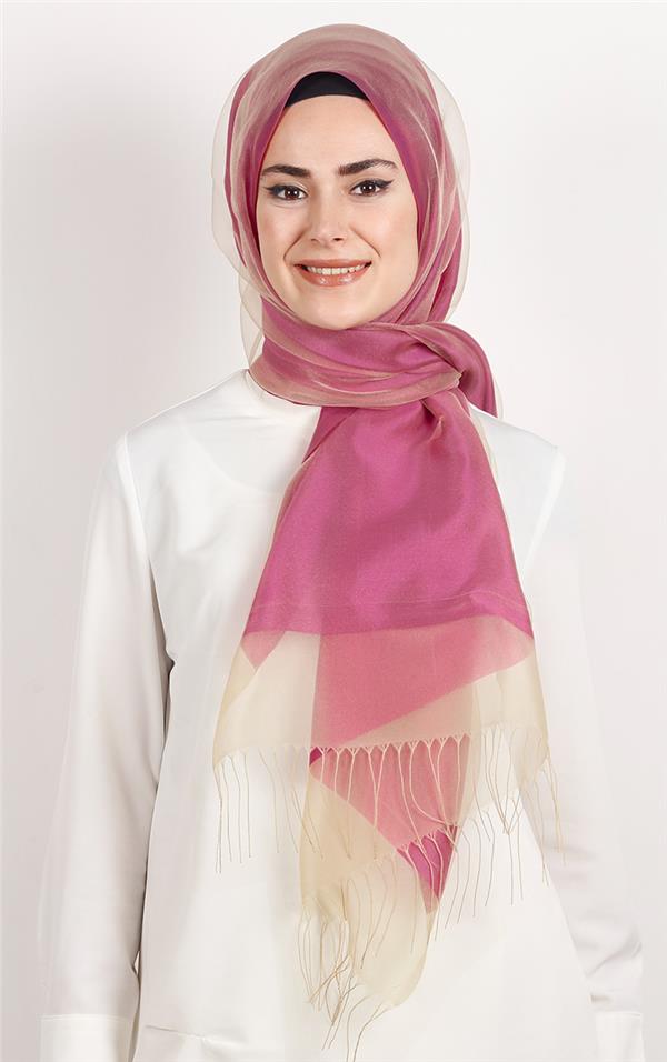 Prenses Tül Şal 2808-22 Gold-Pembe