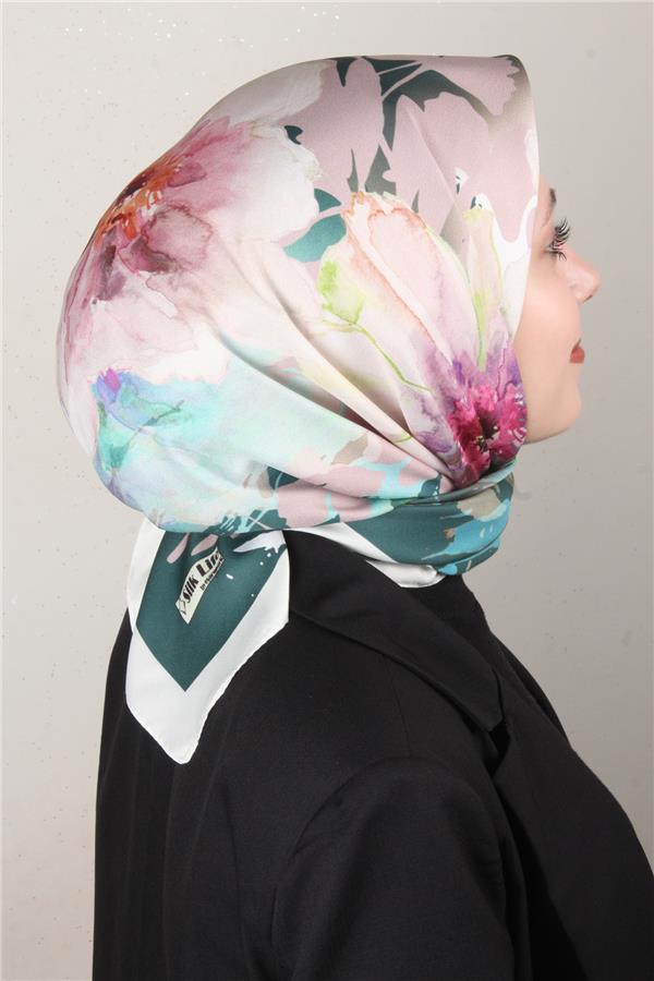 Silk Life Lotus Eşarp 4120-5 Ekru-Zümrüt