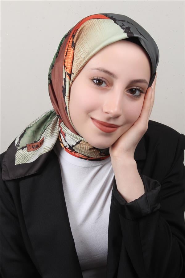 Silk Life Lotus Eşarp 4124-3 Taba-Yeşil