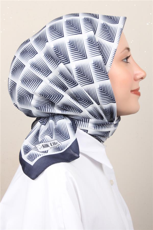 Silk Life Soft Pamuk Eşarp 4129-8  Lacivert Beyaz 
