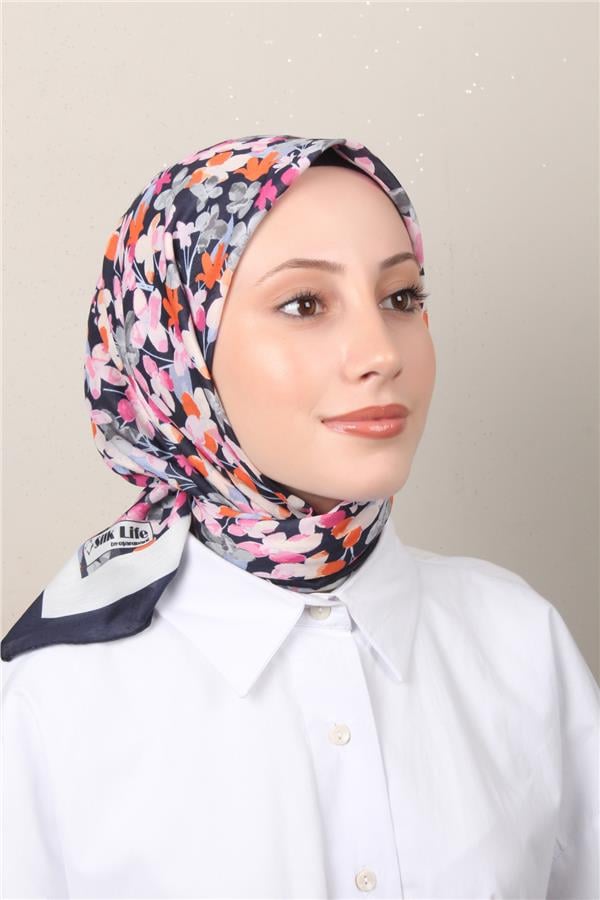 Silk Life Soft Pamuk Eşarp 4131-8 Lacivert Pembe 
