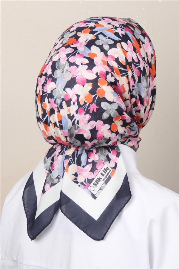 Silk Life Soft Pamuk Eşarp 4131-8 Lacivert Pembe 