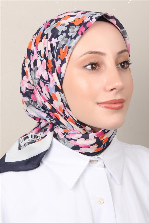 Silk Life Soft Pamuk Eşarp 4131-8 Lacivert Pembe 