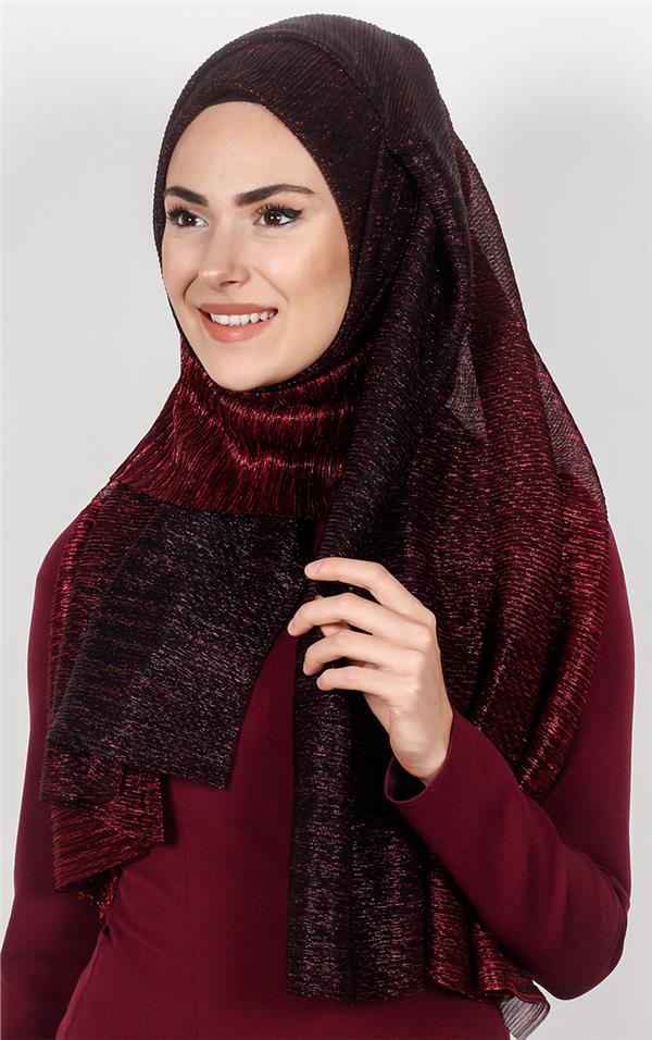 Simli Likralı Şal 608-5 Kırmızı