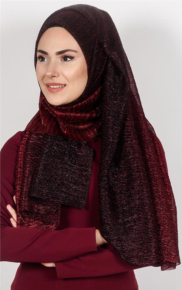 Simli Likralı Şal 608-5 Kırmızı