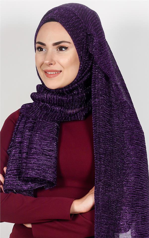 Simli Likralı Şal 608-6 Mor