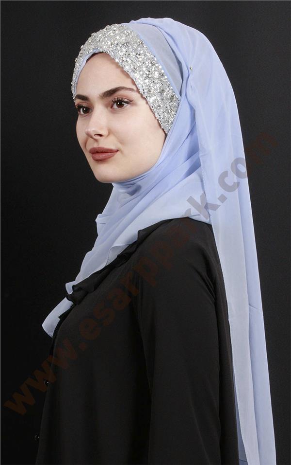 Taşlı Bone Şal 2804-1 Bebe Mavisi