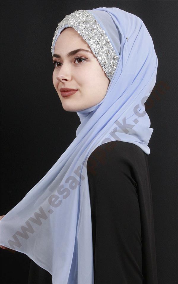 Taşlı Bone Şal 2804-1 Bebe Mavisi