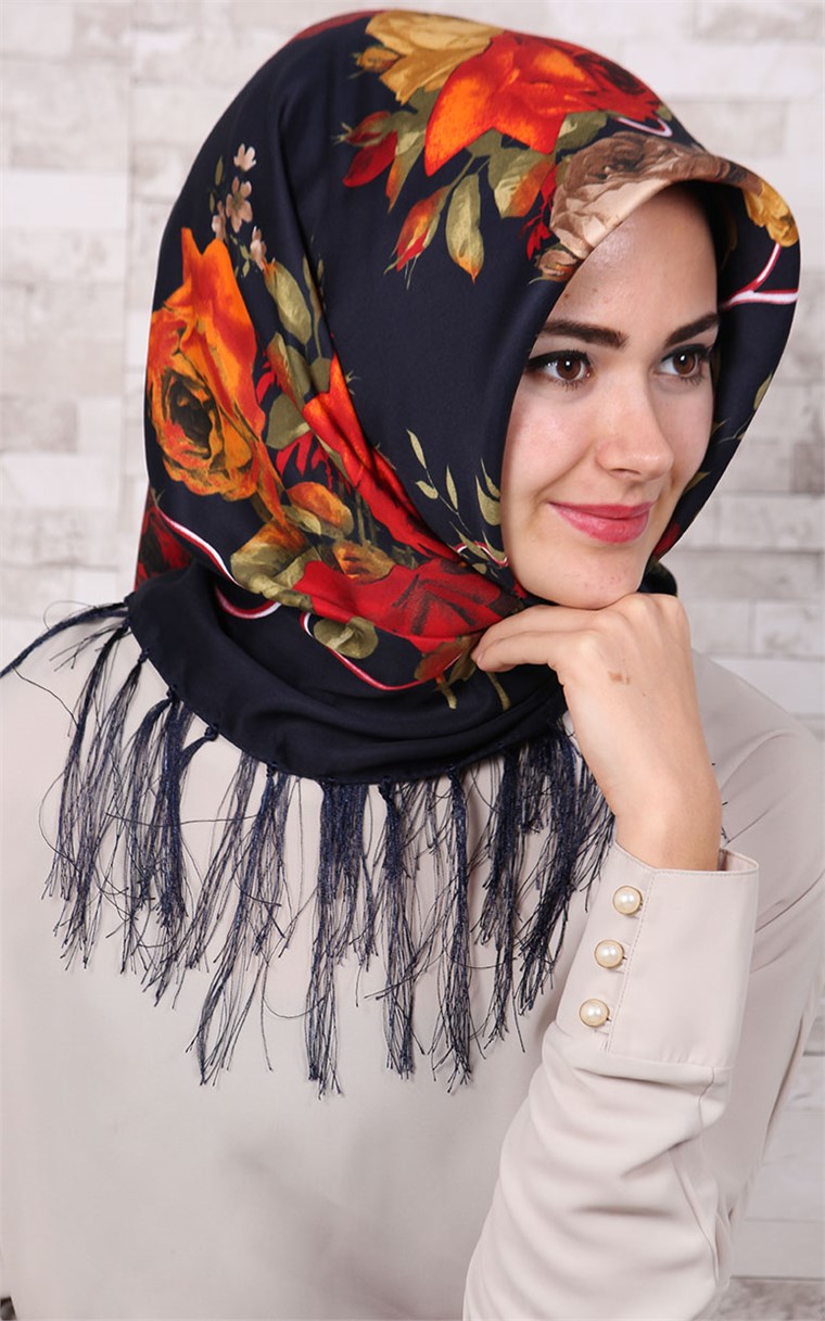 111-0003-09 PİRAMİT PÜSKÜLLÜ EŞARP LACİVERT TURUNCU