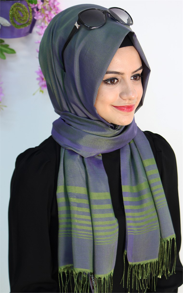 500-0006-01  ÇİFT YÖNLÜ İPEKSİ ŞAL MOR YEŞİL