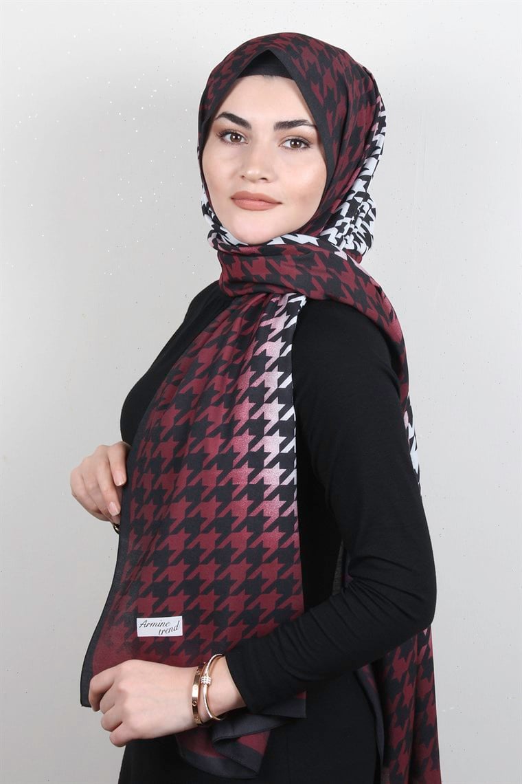Armine Desenli Modal Şal 8683-3 Kaz Ayağı Bordo
