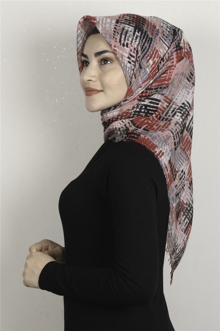Coton Kare Eşarp 1680-6 Kırmızı-Pudra