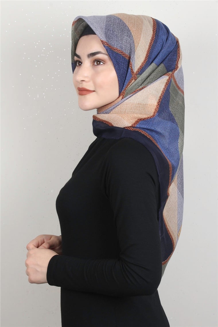 Coton Kare Eşarp 1682-15 Lacivert