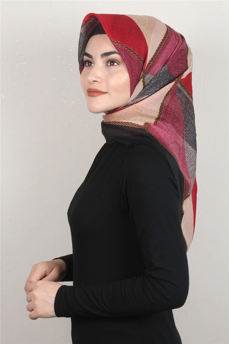Coton Kare Eşarp 1682-2 Siyah-Kırmızı