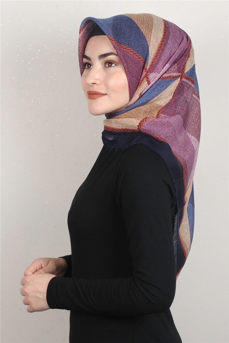 Coton Kare Eşarp 1682-4 Lacivert-Pembe