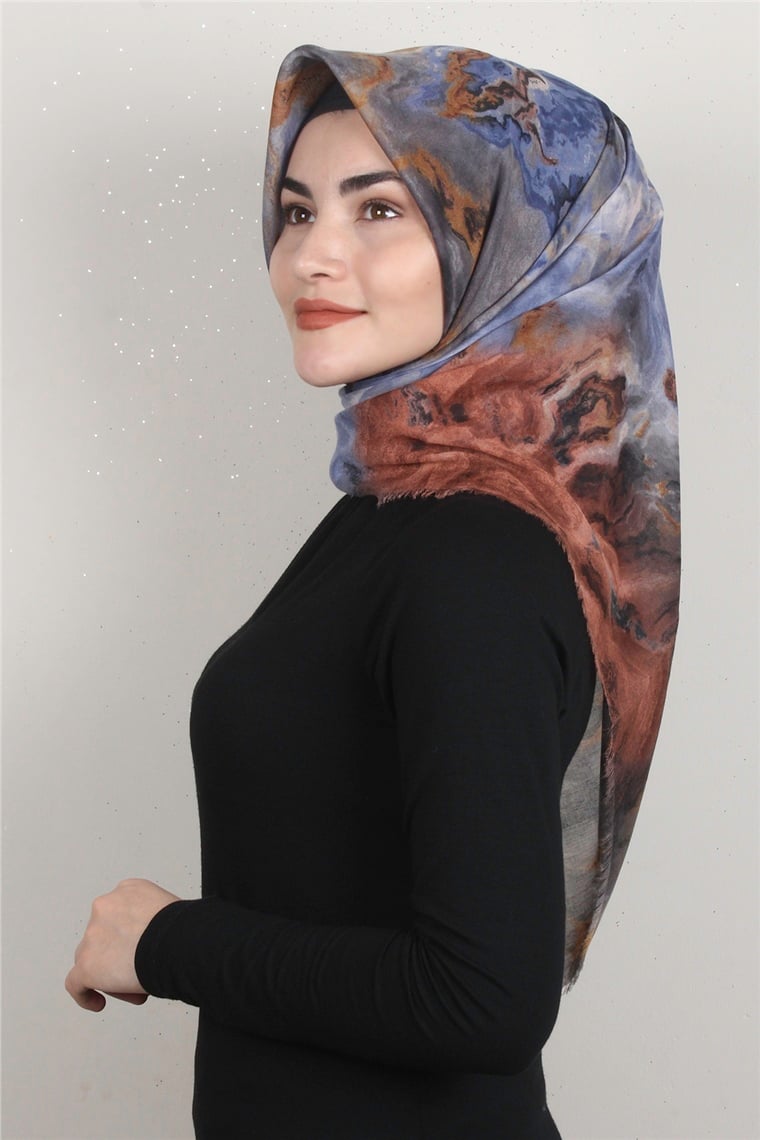 Coton Kare Eşarp 1683-16 Mavi