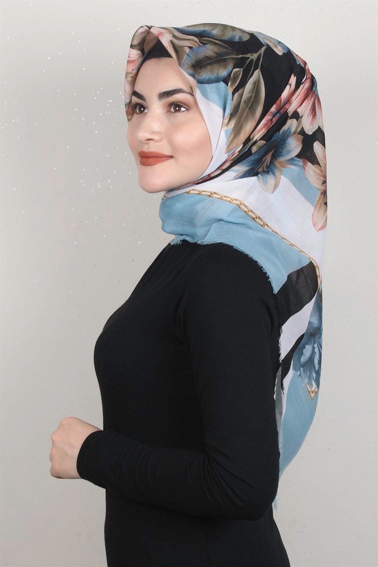 Coton Kare Eşarp 1684-8 Su Mavisi
