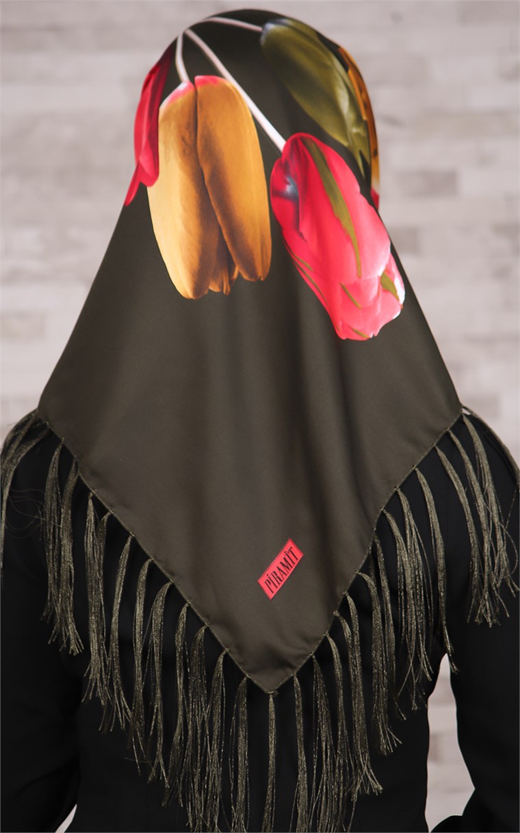 111-0010-12 PİRAMİT PÜSKÜLLÜ EŞARP KINA YEŞİLİ 