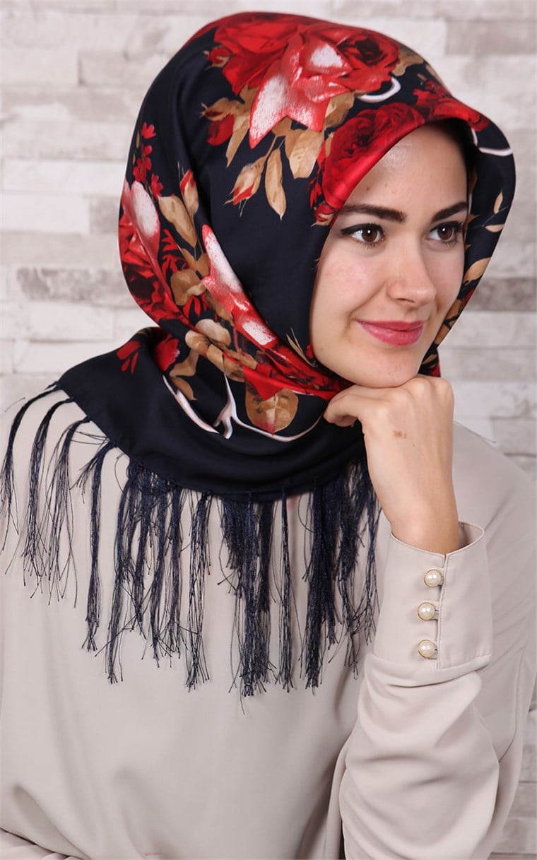 111-0003-08 PİRAMİT PÜSKÜLLÜ EŞARP LACİVERT KIRMIZI