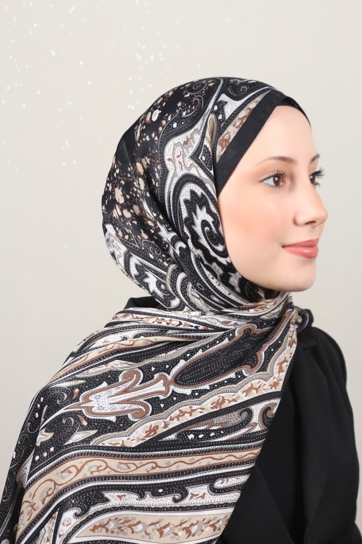 Desenli Larissa Şal 1515-2 Siyah-Vizon 