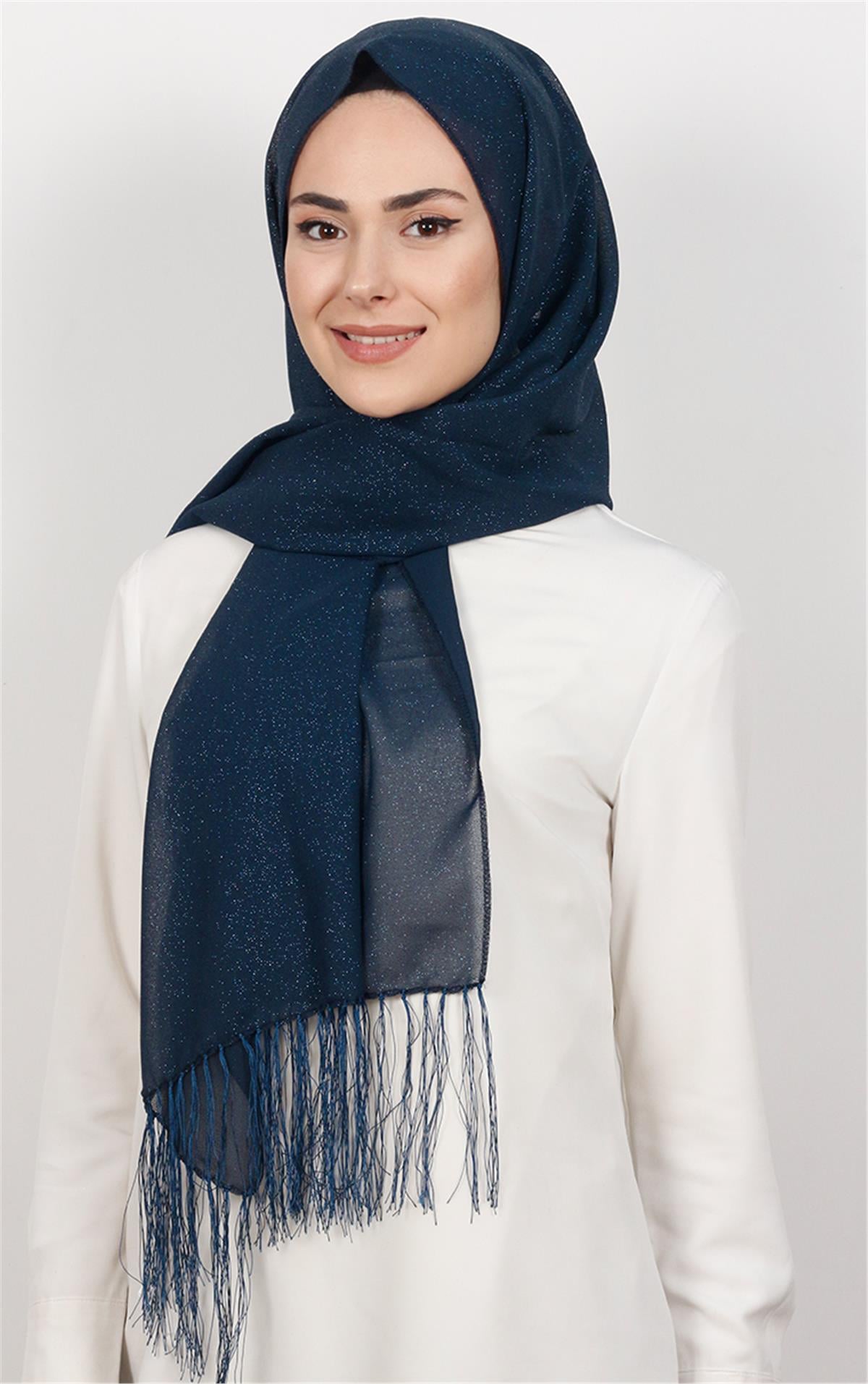 Fransız Simli Şal 2811-4 Lacivert