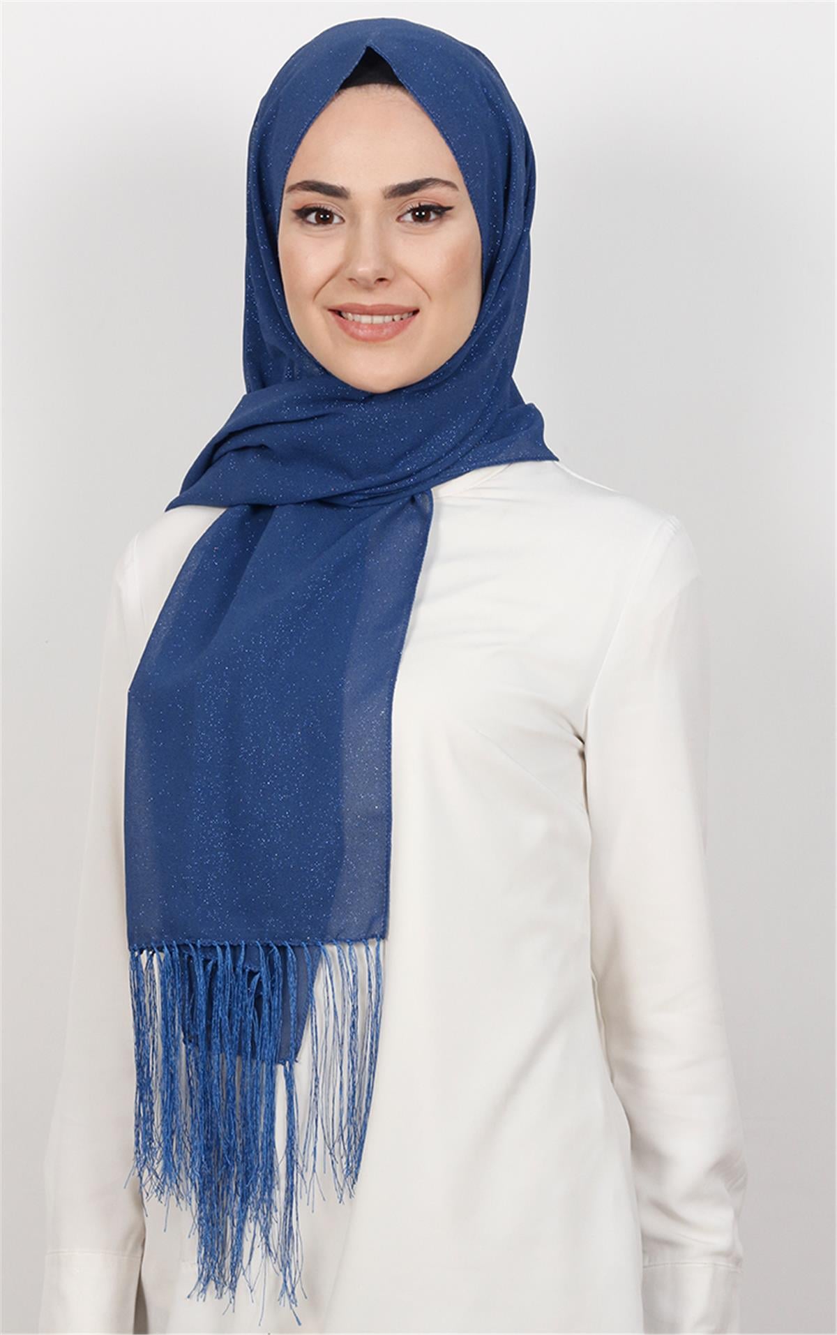 Fransız Simli Şal 2811-8 Saks Mavisi