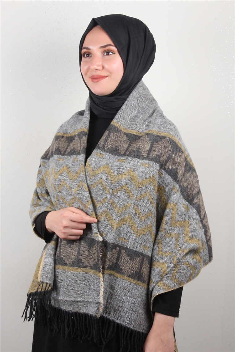Geniş Omuz Şalı 5220-110 Sarı-Gri