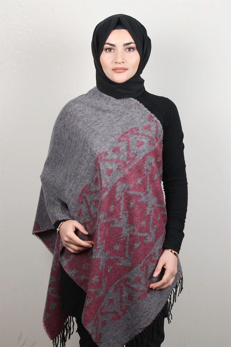 Geniş Omuz Şalı 5220-82 Gri-Pembe