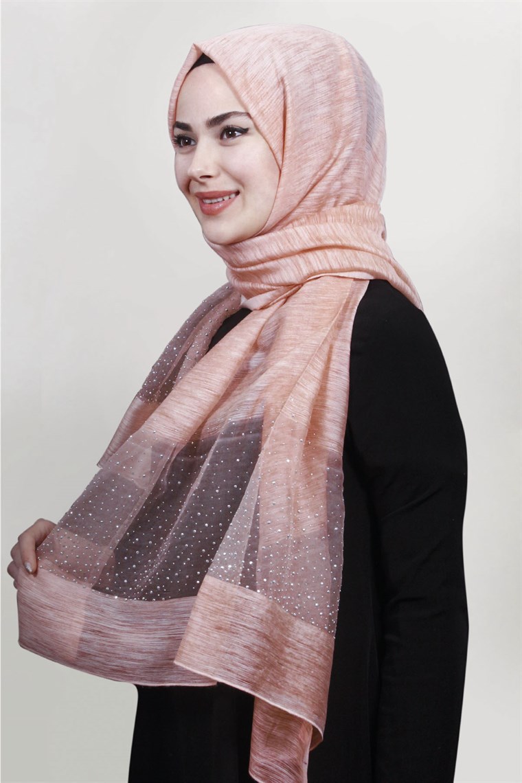 İpekli Taşlı Tül Şal 1067-18 Yavruağzı